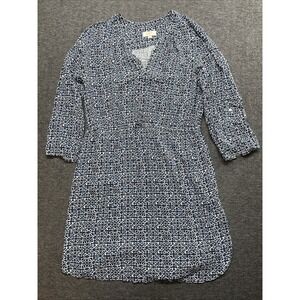 Loft 3/4 Sleeve Blue White Geometric Split Neck Stretch Waist‎ Dress Women's LP